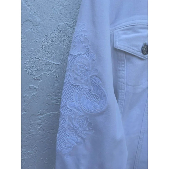 Chicos Womens Long Sleeve Floral Embroidery Jean Jacket White Sz 4 - Picture 3 of 12